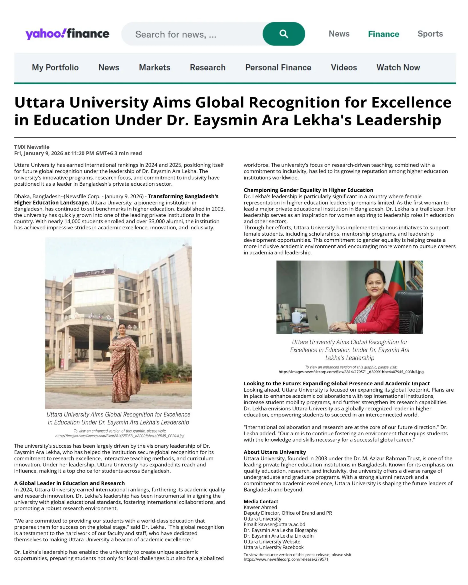 Uttara University Aims Global Recognition for Excellence in Education Under Dr. Eaysmin Ara Lekha’s Leadership, Yahoo Finance